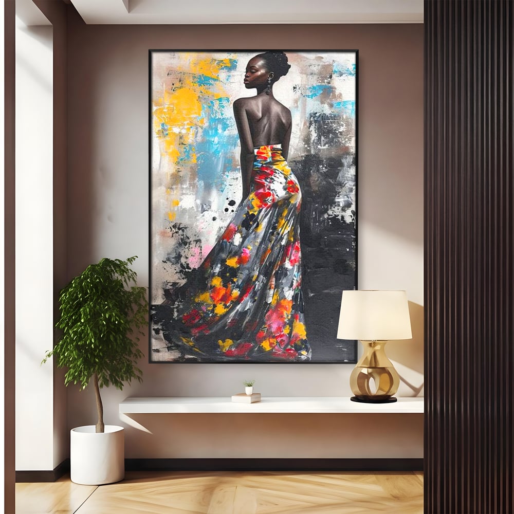 Tablou canvas cu tablou canvas cu portret de femeie, in rama de aluminiu negru